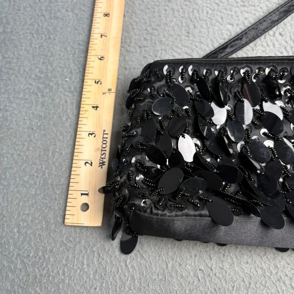 Sasha Black Satin Sequin Beaded Evening Bag Clutch Shoulder Purse Formal Wedding